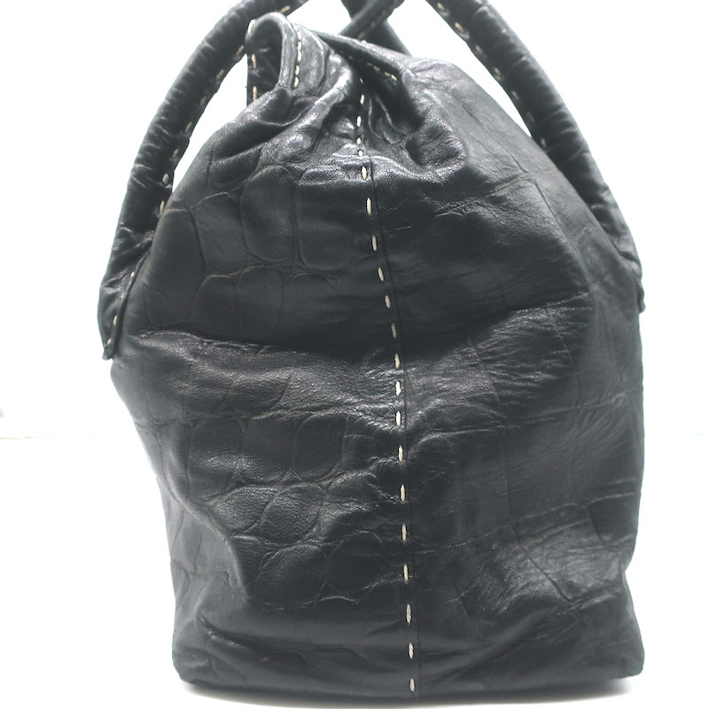 Henry Beguelin Large Fold-Over Shoulder Bag Black Croc-Embossed Leather