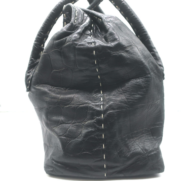 Henry Beguelin Large Fold-Over Shoulder Bag Black Croc-Embossed Leather