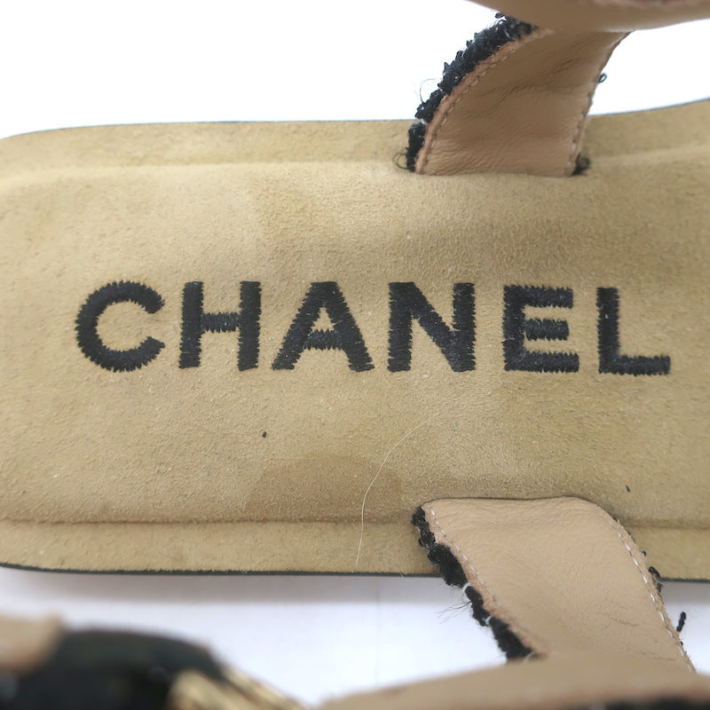 Chanel 21P Pearl CC Tweed Toe-Strap Slingback Sandals Black Size 38.5
