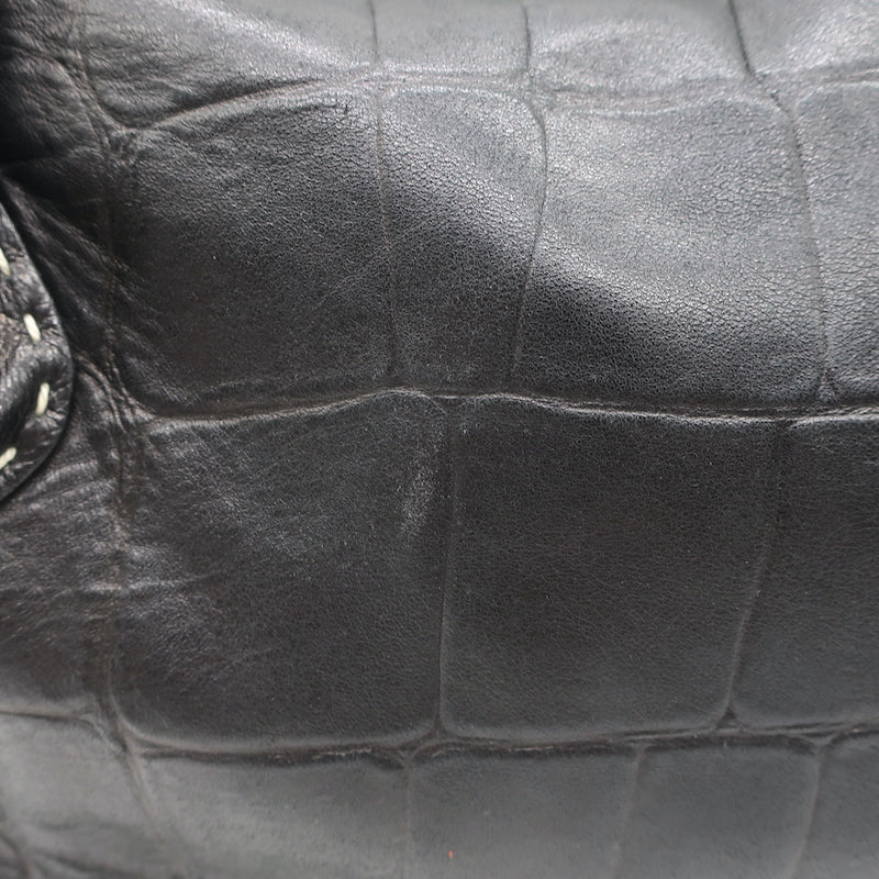Henry Beguelin Large Fold-Over Shoulder Bag Black Croc-Embossed Leather