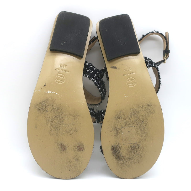 Chanel 21P Pearl CC Tweed Toe-Strap Slingback Sandals Black Size 38.5