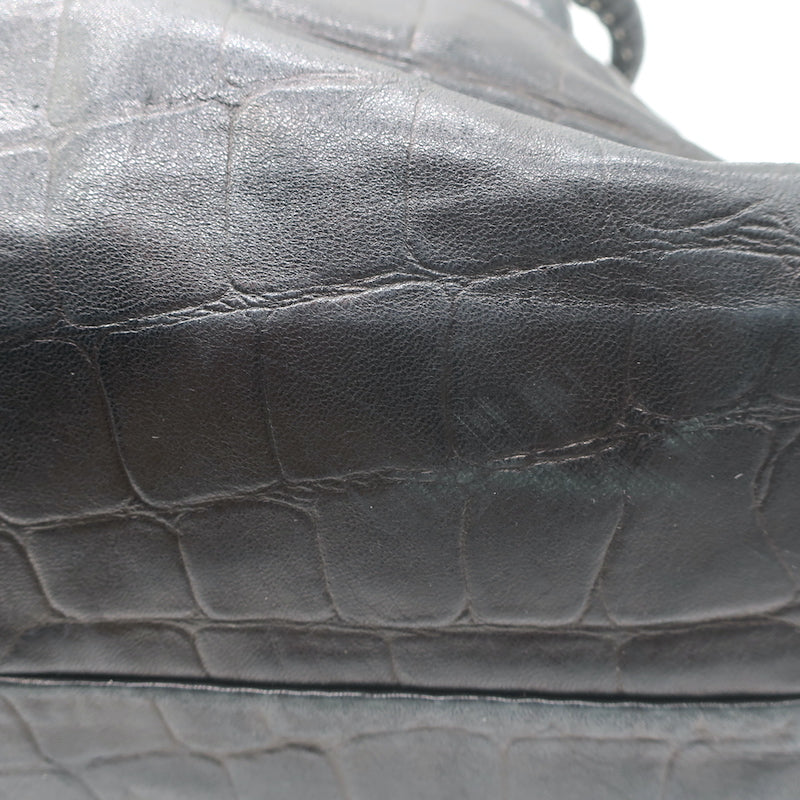 Henry Beguelin Large Fold-Over Shoulder Bag Black Croc-Embossed Leather