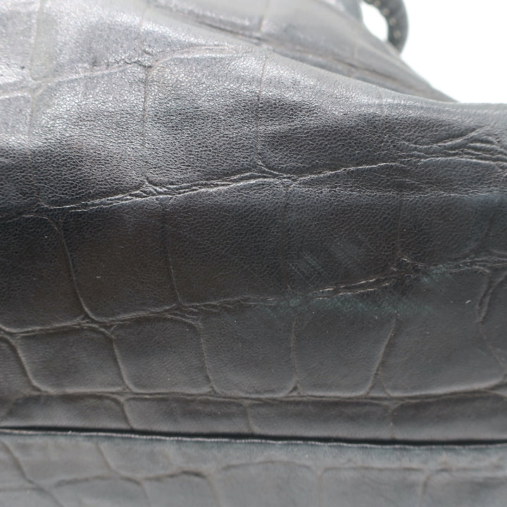 Henry Beguelin Large Fold-Over Shoulder Bag Black Croc-Embossed Leather