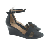 Hermes Legend Ankle Strap Wedge Sandals Black Leather Size 38.5