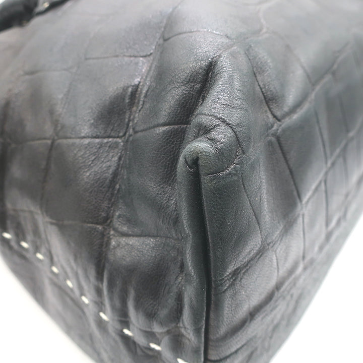 Henry Beguelin Large Fold-Over Shoulder Bag Black Croc-Embossed Leather