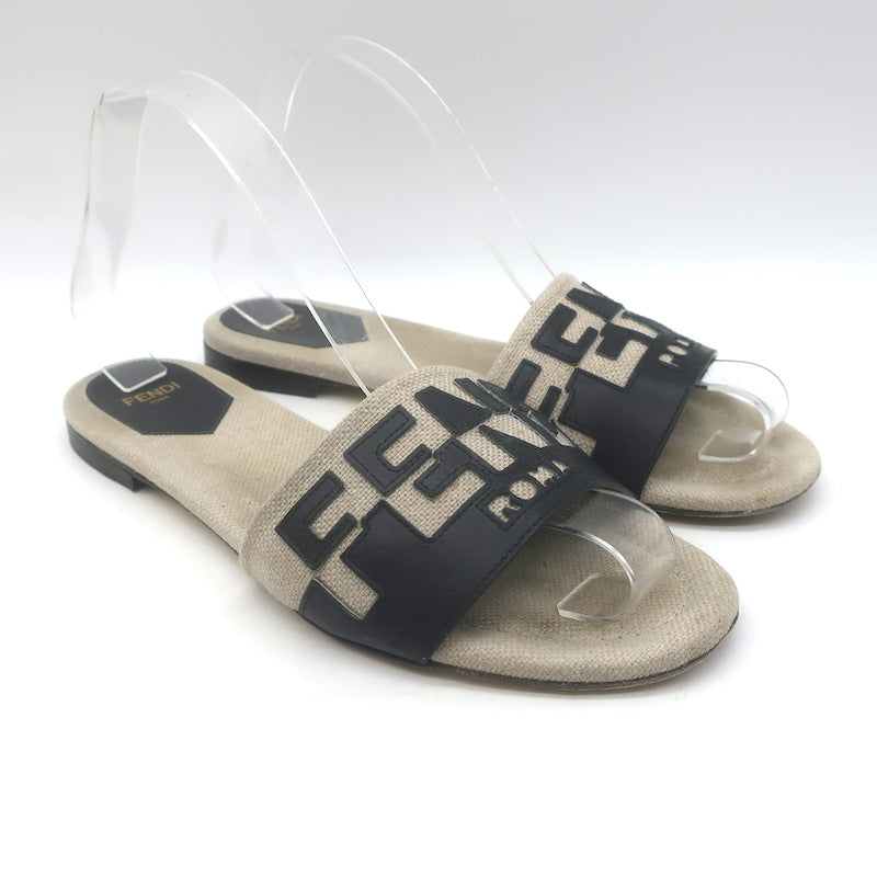 Fendi Bicolor Logo Slide Sandals Beige Canvas &amp; Black Leather Size 38.5