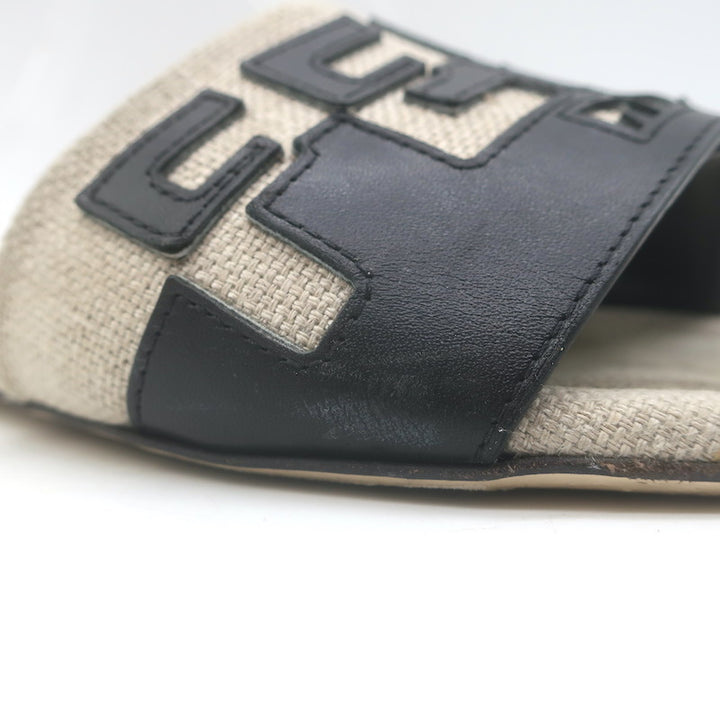 Fendi Bicolor Logo Slide Sandals Beige Canvas &amp; Black Leather Size 38.5