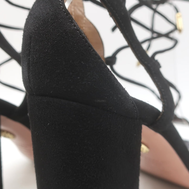 Aquazzura Austin Lace-Up Sandals Black Suede Size 37 Open Toe Heels
