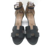 Hermes Legend Ankle Strap Wedge Sandals Black Leather Size 38.5