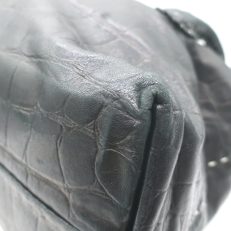 Henry Beguelin Large Fold-Over Shoulder Bag Black Croc-Embossed Leather