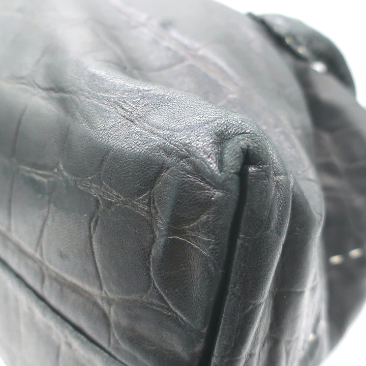 Henry Beguelin Large Fold-Over Shoulder Bag Black Croc-Embossed Leather
