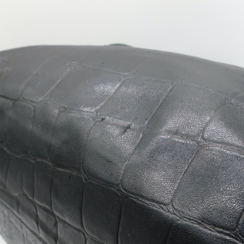 Henry Beguelin Large Fold-Over Shoulder Bag Black Croc-Embossed Leather