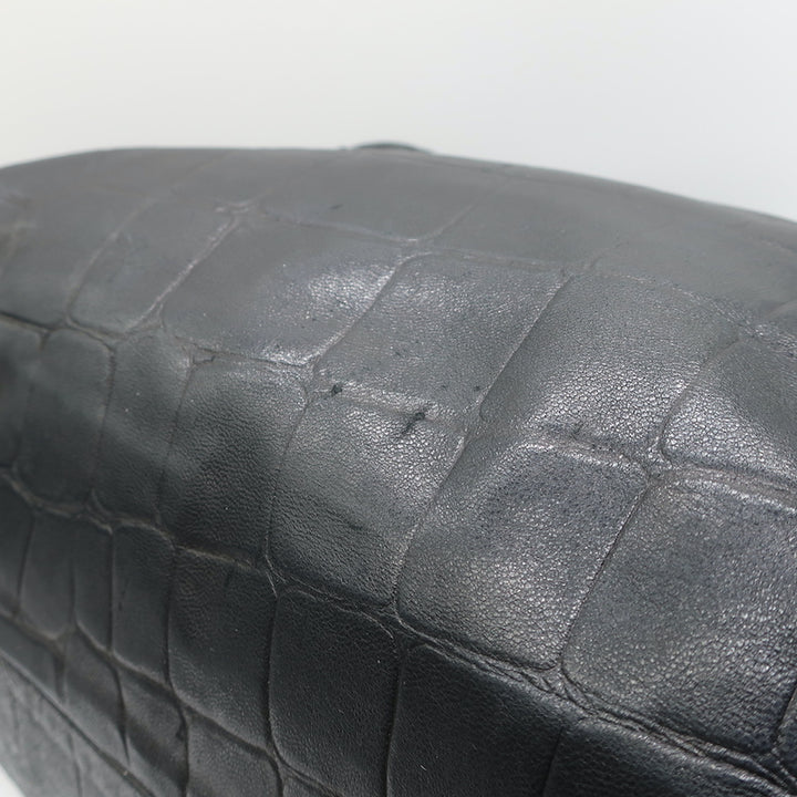 Henry Beguelin Large Fold-Over Shoulder Bag Black Croc-Embossed Leather