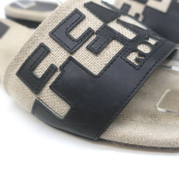 Fendi Bicolor Logo Slide Sandals Beige Canvas &amp; Black Leather Size 38.5