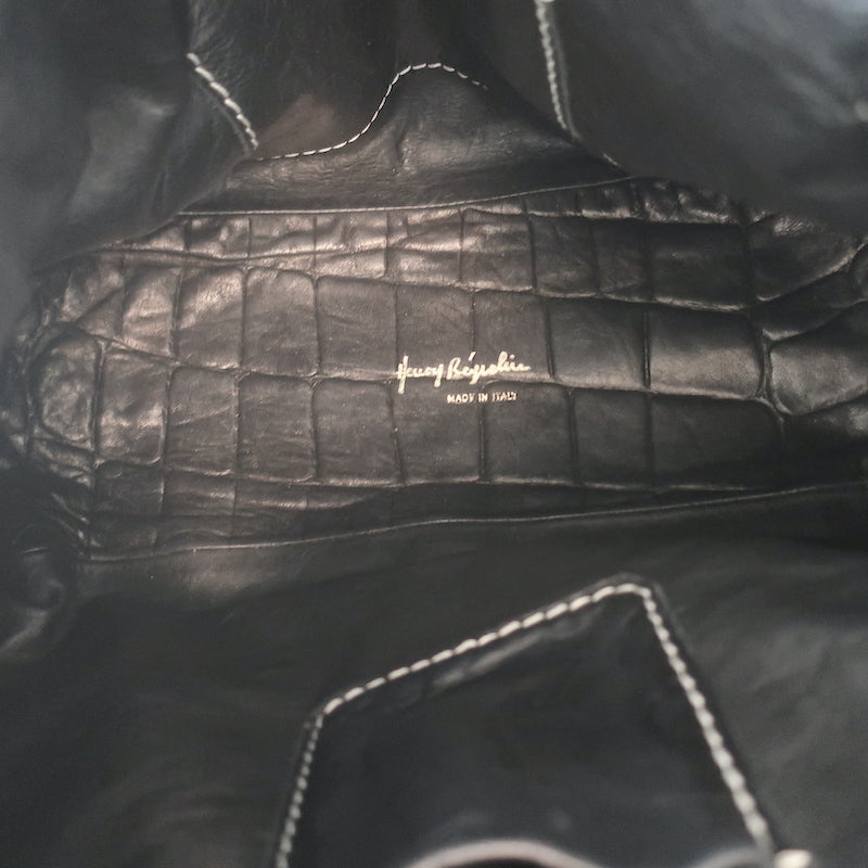 Henry Beguelin Large Fold-Over Shoulder Bag Black Croc-Embossed Leather