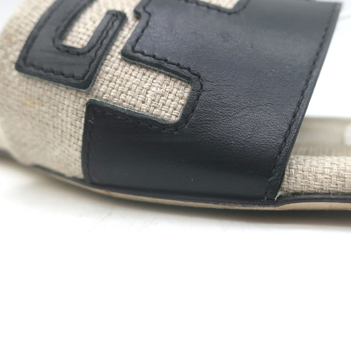 Fendi Bicolor Logo Slide Sandals Beige Canvas &amp; Black Leather Size 38.5
