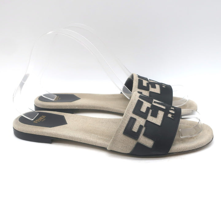 Fendi Bicolor Logo Slide Sandals Beige Canvas &amp; Black Leather Size 38.5