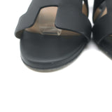 Hermes Legend Ankle Strap Wedge Sandals Black Leather Size 38.5