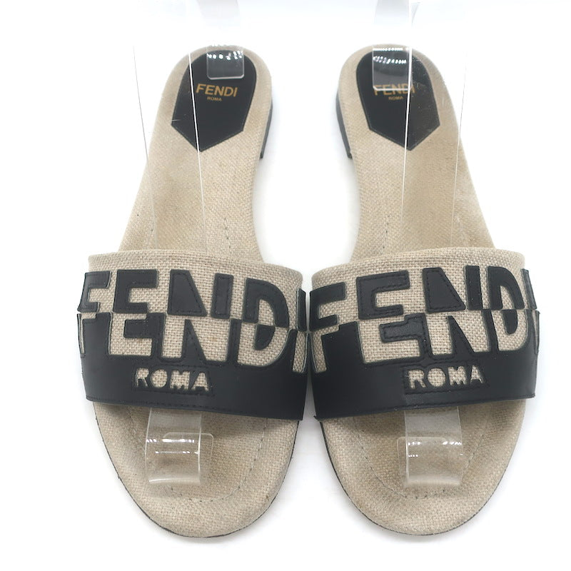 Fendi Bicolor Logo Slide Sandals Beige Canvas &amp; Black Leather Size 38.5