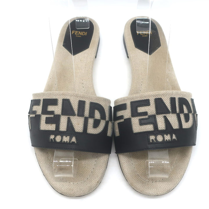Fendi Bicolor Logo Slide Sandals Beige Canvas &amp; Black Leather Size 38.5