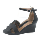 Hermes Legend Ankle Strap Wedge Sandals Black Leather Size 38.5