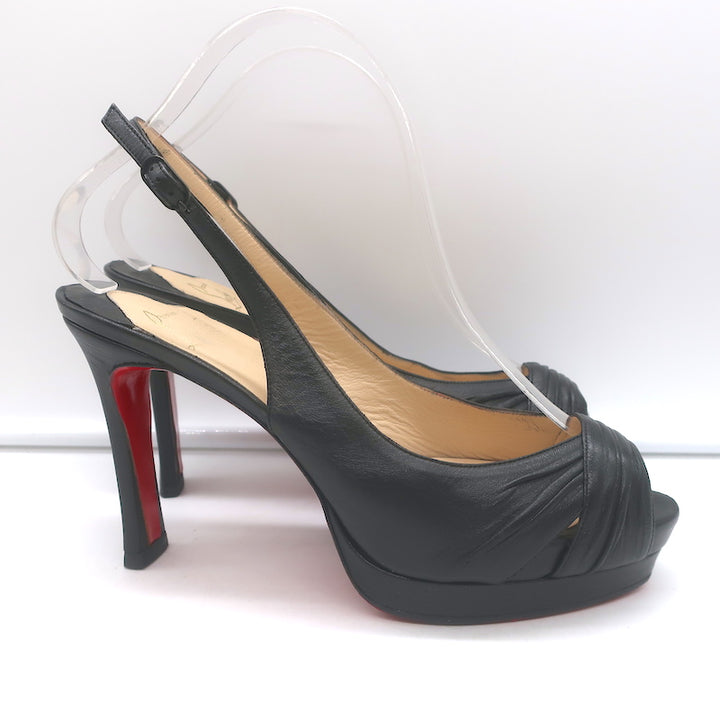 Christian Louboutin Peep Toe Slingback Sandals Black Pleated Leather Size 39