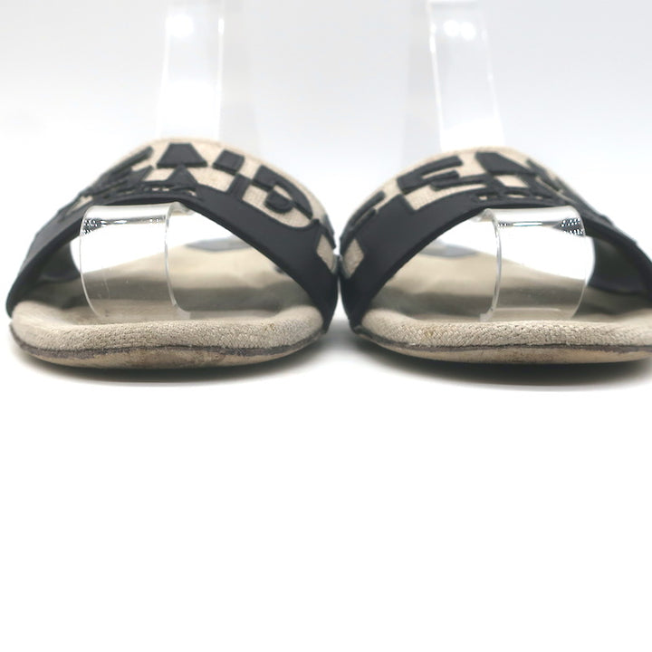 Fendi Bicolor Logo Slide Sandals Beige Canvas &amp; Black Leather Size 38.5