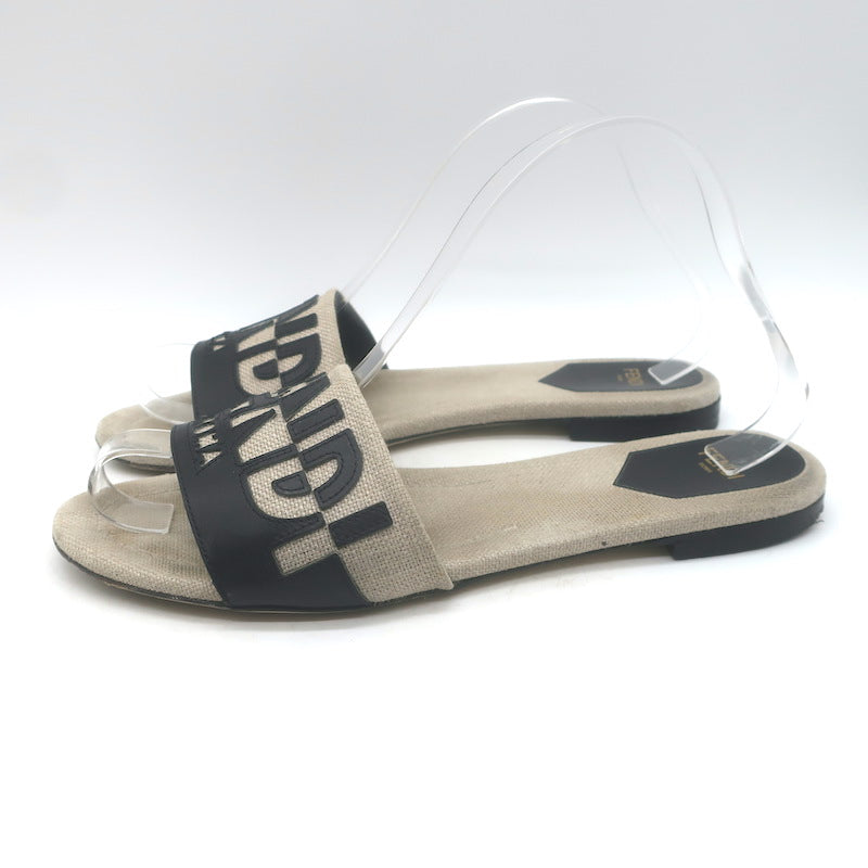 Fendi Bicolor Logo Slide Sandals Beige Canvas &amp; Black Leather Size 38.5