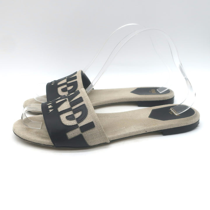 Fendi Bicolor Logo Slide Sandals Beige Canvas &amp; Black Leather Size 38.5
