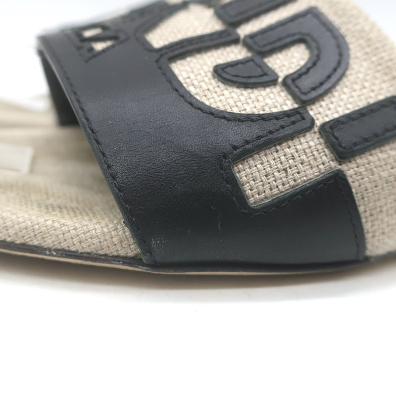 Fendi Bicolor Logo Slide Sandals Beige Canvas &amp; Black Leather Size 38.5
