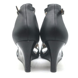 Hermes Legend Ankle Strap Wedge Sandals Black Leather Size 38.5