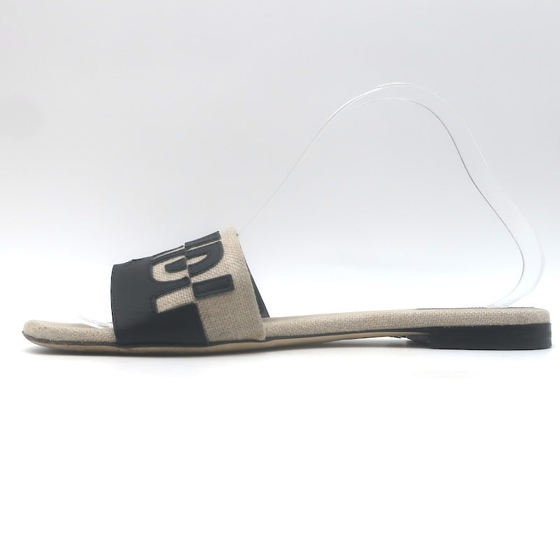Fendi Bicolor Logo Slide Sandals Beige Canvas &amp; Black Leather Size 38.5