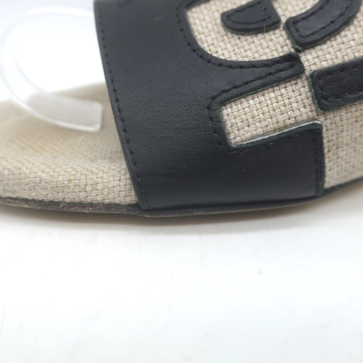 Fendi Bicolor Logo Slide Sandals Beige Canvas &amp; Black Leather Size 38.5