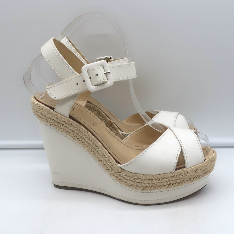 Christian Louboutin Almeria 120 Espadrille Wedge Sandals White Leather Size 37