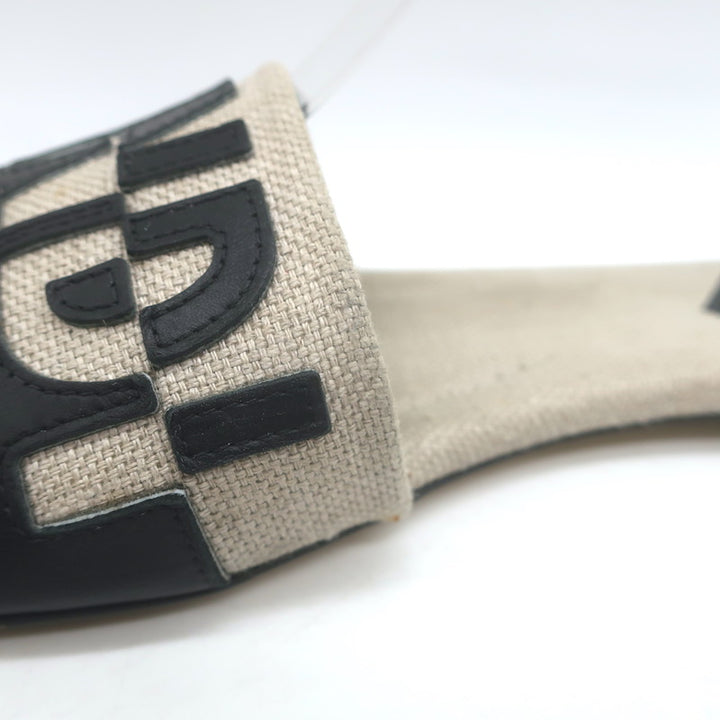 Fendi Bicolor Logo Slide Sandals Beige Canvas &amp; Black Leather Size 38.5