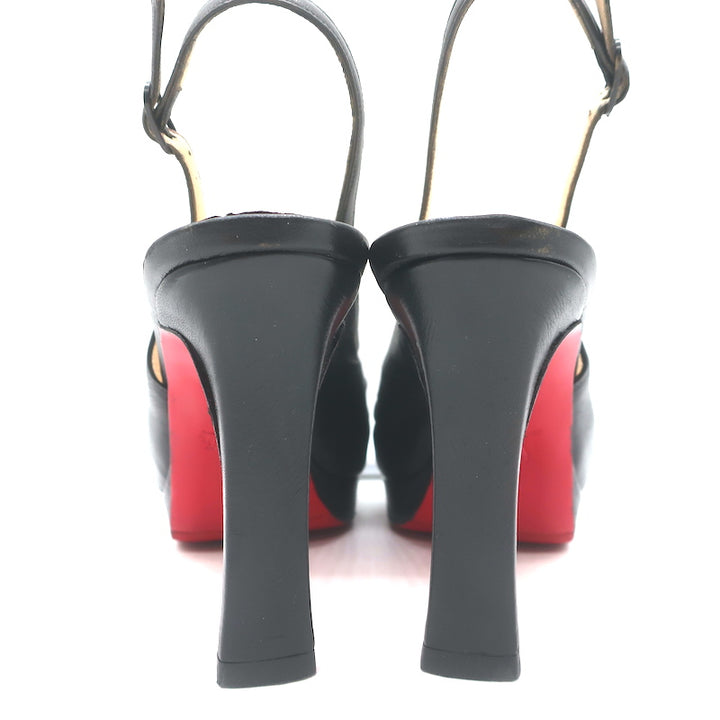 Christian Louboutin Peep Toe Slingback Sandals Black Pleated Leather Size 39