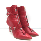 Gianvito Rossi Zip-Front Buckled Ankle Boots Red Leather Size 36.5
