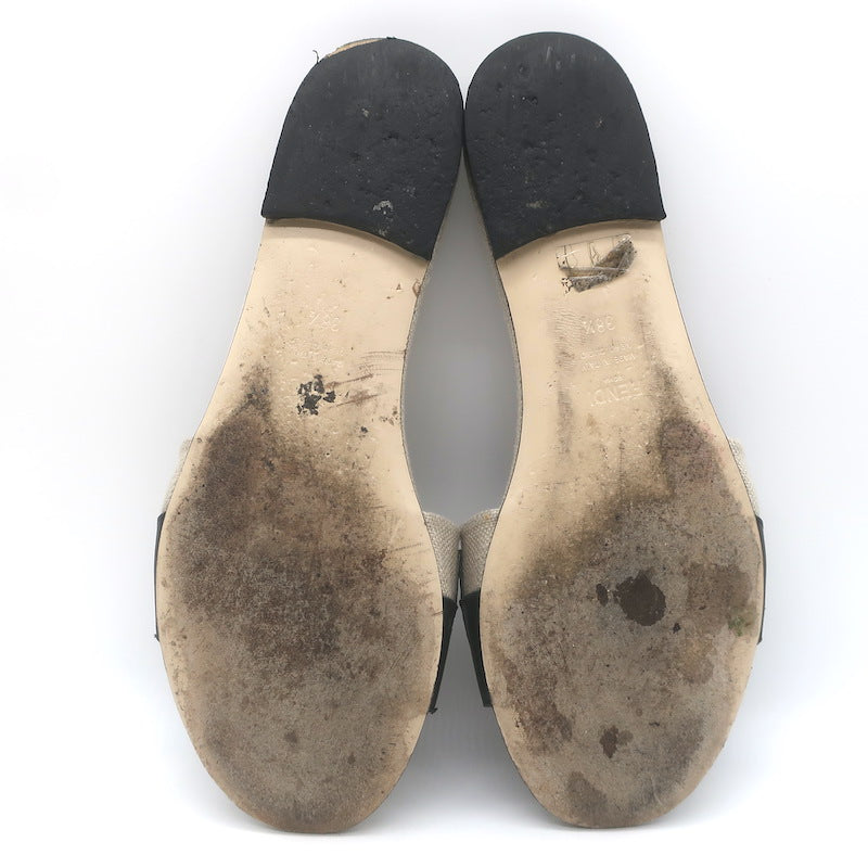 Fendi Bicolor Logo Slide Sandals Beige Canvas &amp; Black Leather Size 38.5