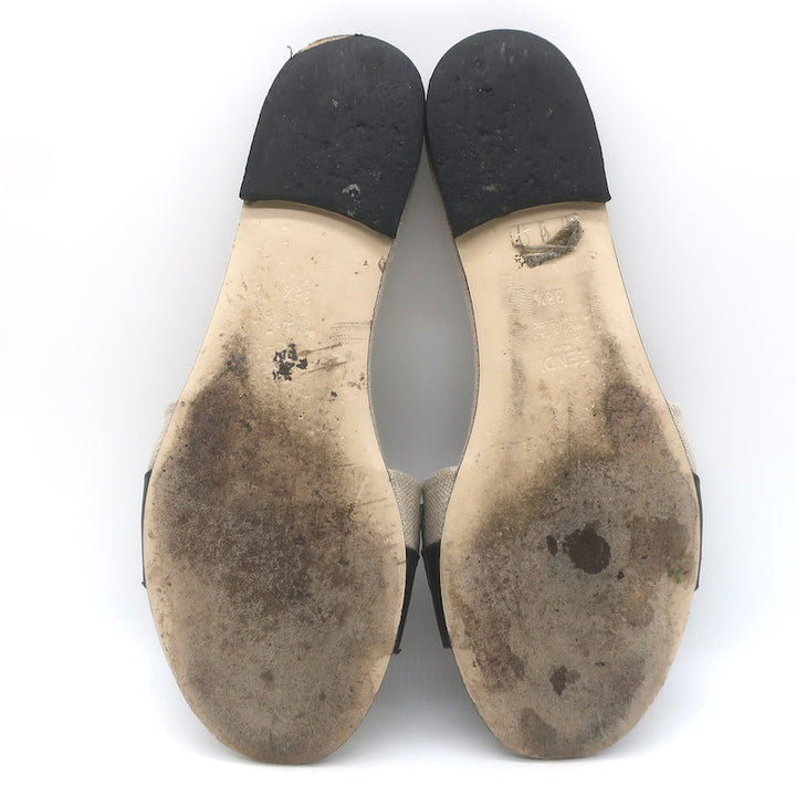 Fendi Bicolor Logo Slide Sandals Beige Canvas &amp; Black Leather Size 38.5