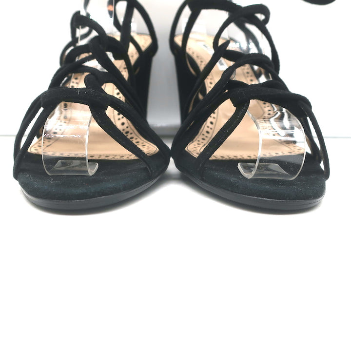 Manolo Blahnik Jena Lace-Up Sandals Black Suede Size 39 Open Toe Heels