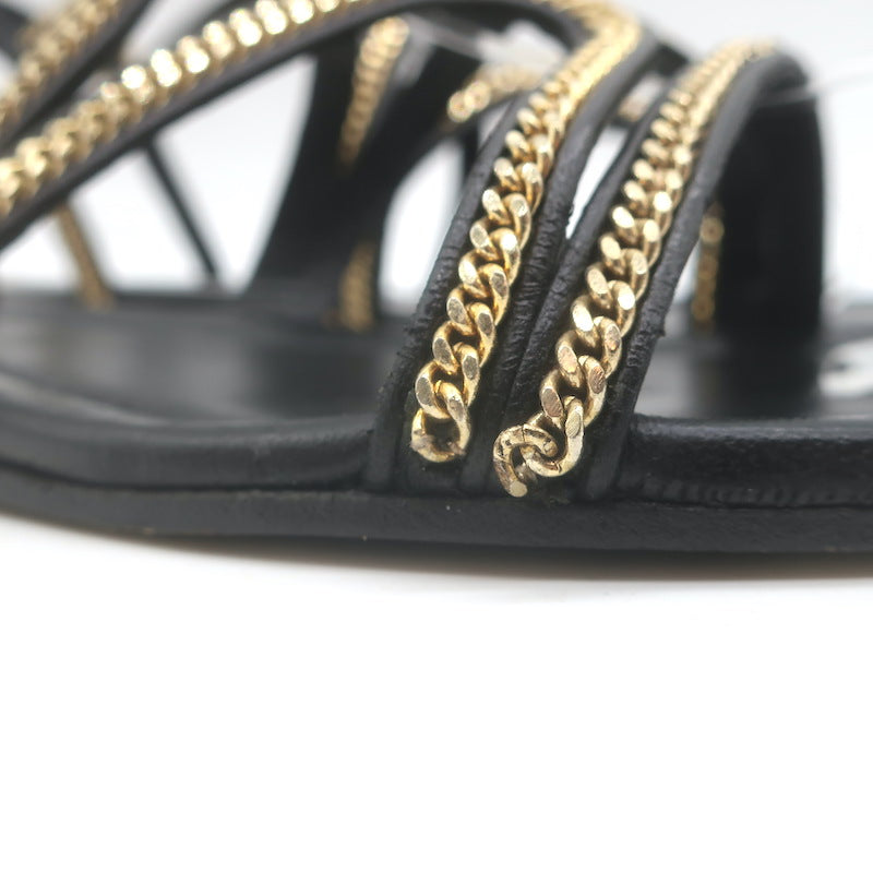 Jimmy Choo Nickel Chain-Trimmed Flat Slingback Sandals Black Leather Size 39