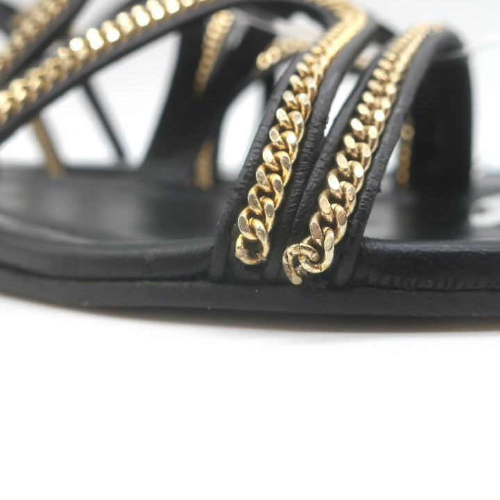 Jimmy Choo Nickel Chain-Trimmed Flat Slingback Sandals Black Leather Size 39