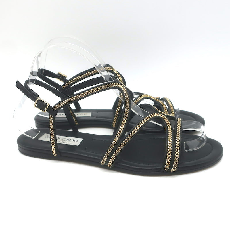 Jimmy Choo Nickel Chain-Trimmed Flat Slingback Sandals Black Leather Size 39