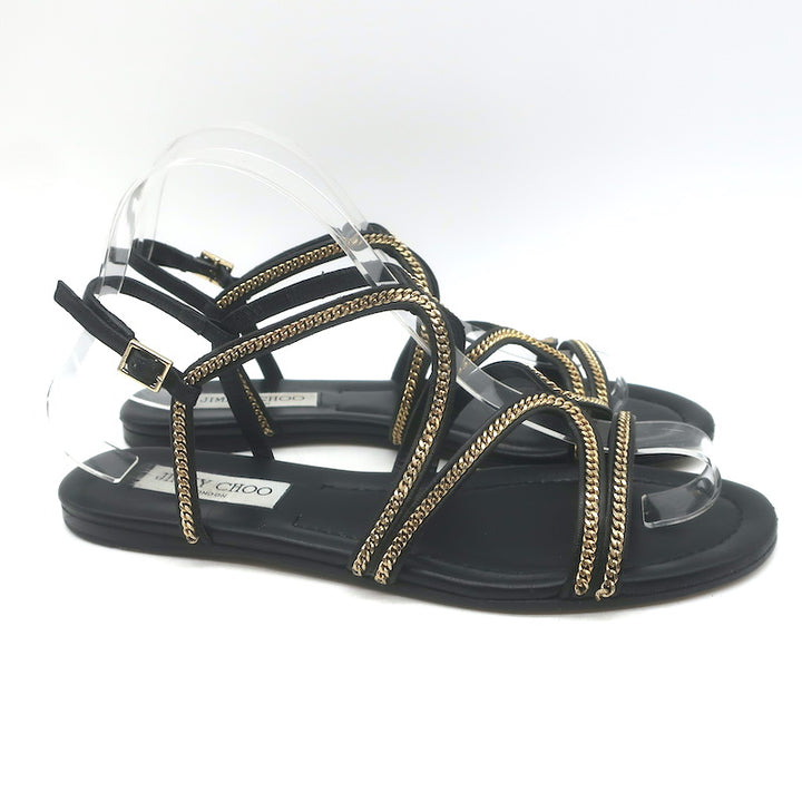 Jimmy Choo Nickel Chain-Trimmed Flat Slingback Sandals Black Leather Size 39