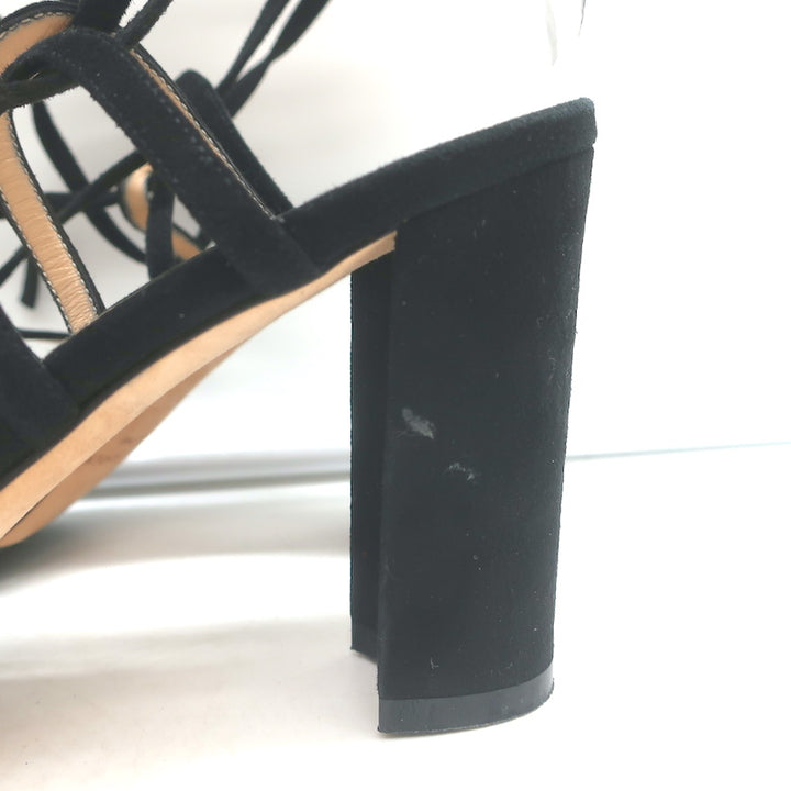 Manolo Blahnik Jena Lace-Up Sandals Black Suede Size 39 Open Toe Heels