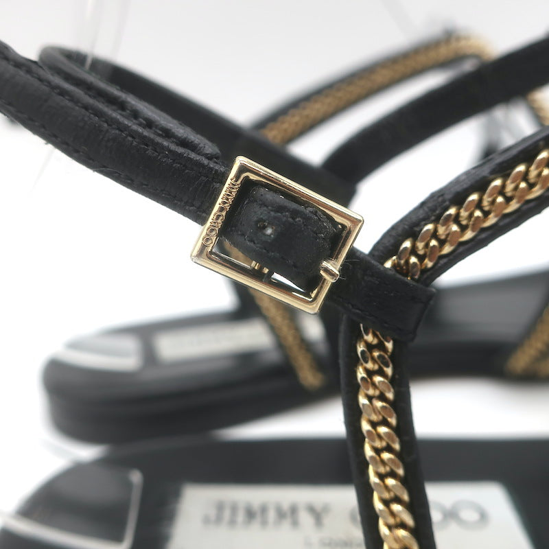 Jimmy Choo Nickel Chain-Trimmed Flat Slingback Sandals Black Leather Size 39