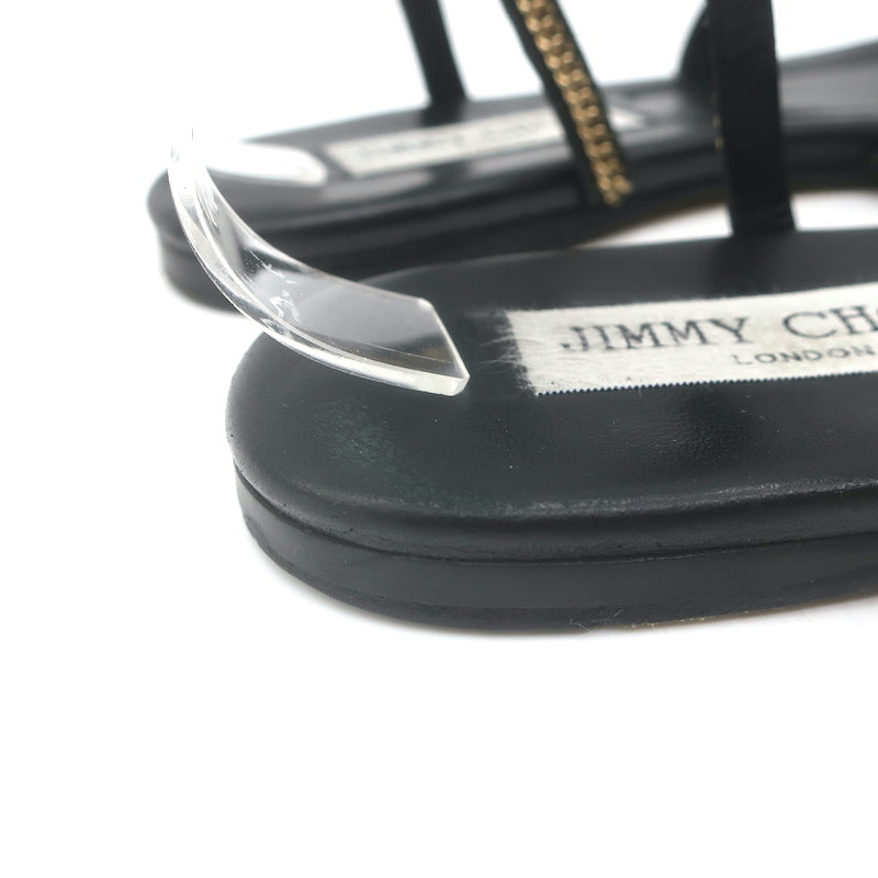 Jimmy Choo Nickel Chain-Trimmed Flat Slingback Sandals Black Leather Size 39