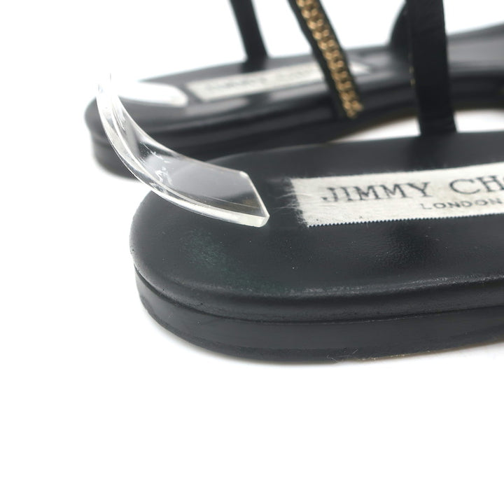Jimmy Choo Nickel Chain-Trimmed Flat Slingback Sandals Black Leather Size 39