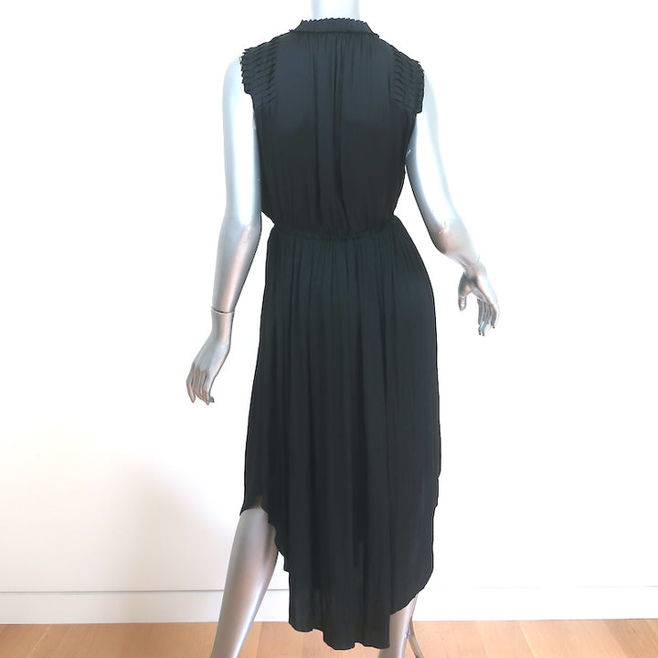 Ulla Johnson Midi Dress Tullia Black Pleated Satin Size 0 Sleeveless Tie Neck