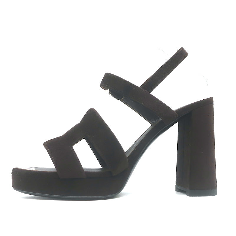 Hermes Jazz 90 Platform Ankle Strap Sandals Dark Brown Suede Size 39